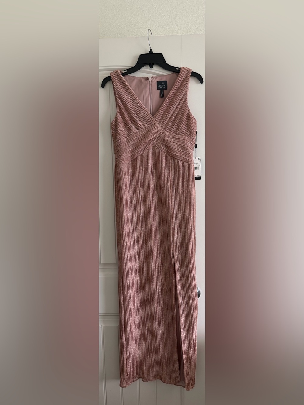 Adrianna Papell Metallic Rose Pink Pleated Midi Dress